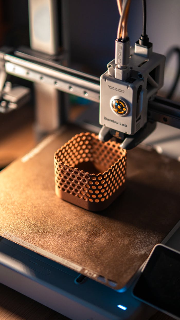 our-services-2 Close-up of a 3D printer creating a hexagonal object in a dimly lit workspace.