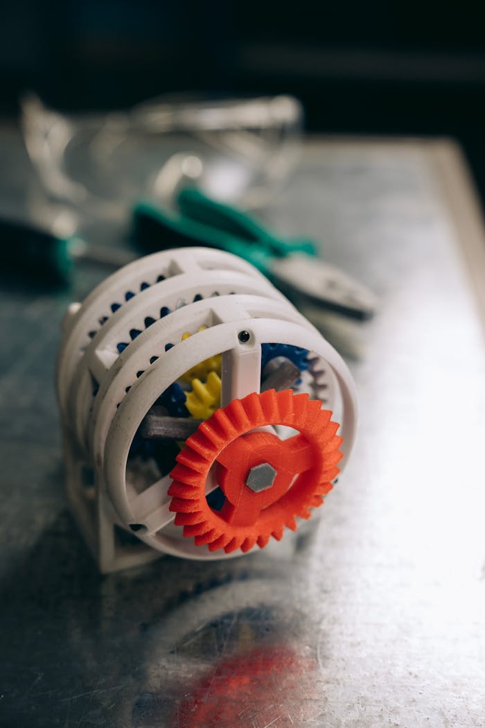 about-01 Close-up of colorful 3D printed gears on a workbench, showcasing modern technology.